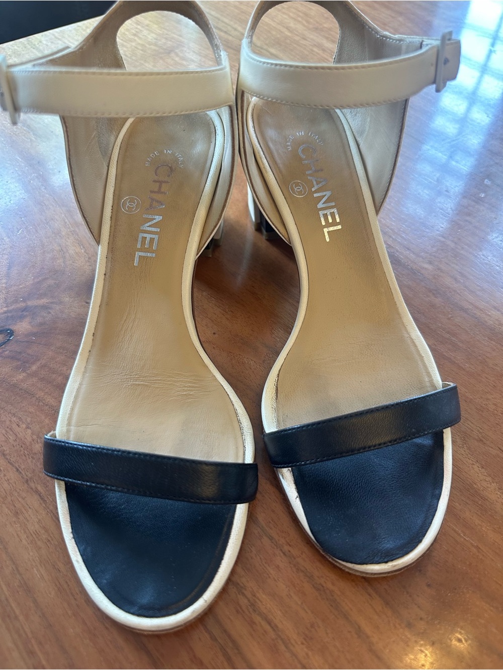 CHANEL Two-Tone Leather Ankle Strap Sandals in Black and Beige - Picture 5 of 7
